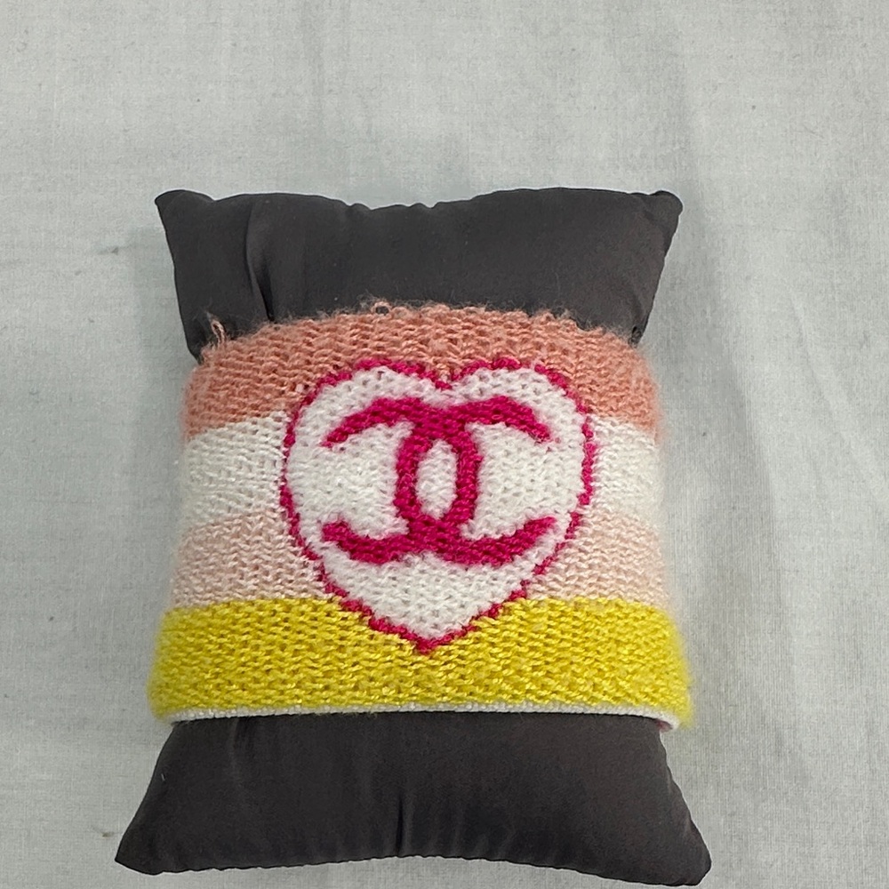 CHANEL Pink White Yellow Striped Knit Wrist Cuff with CC Heart Logo